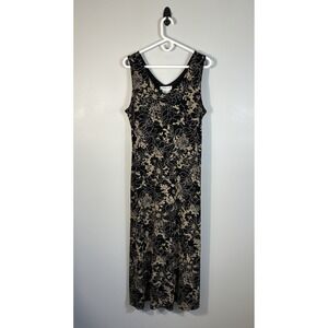 Vtg Coldwater Creek Dress‎ Womens 16 Black Gold Floral Travel Knit 90s Maxi USA